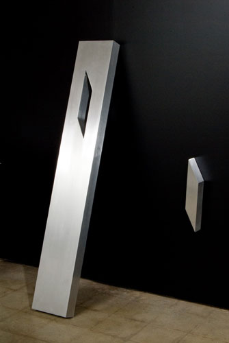 "Timeline" by Lori Cozen-Geller, brushed aluminum 9" x 60" x 3" plus one small parallelogram, 2 of 15