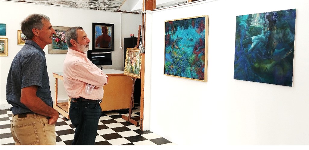 Where Art Begins - John Brant and Sal Santangelo enjoy the work of David Gallup and Nansi Bielanski during a studio visit and open house to benefit FOTM’s educational programing July 23, 2017